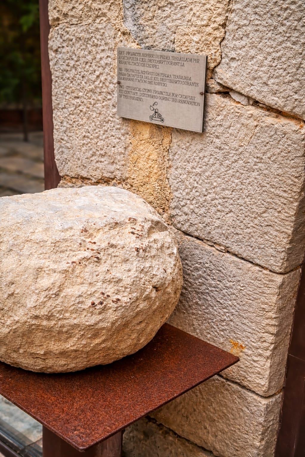 Projectil esfèric de pedra del segle XIII, conservat al pati del Palau dels Alemanys amb la seva placa